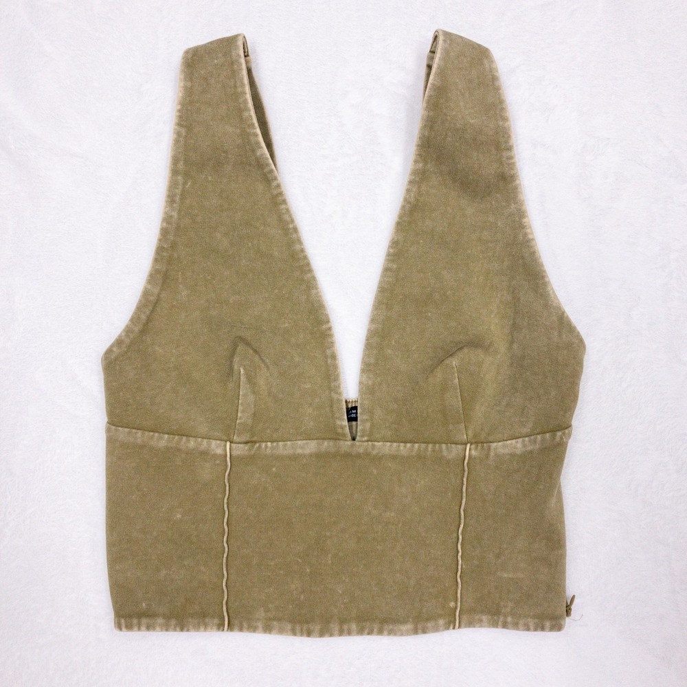 Zara Crop Top Womens Medium Olive Green Acid Wash V-Neck Sleeveless Side Zip